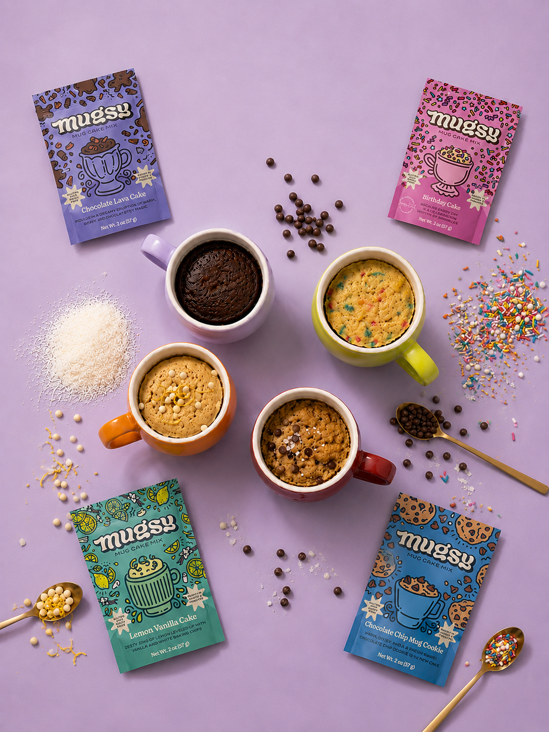Mugsu mug cake mix packages with prepared cakes in colorful mugs on a purple background.