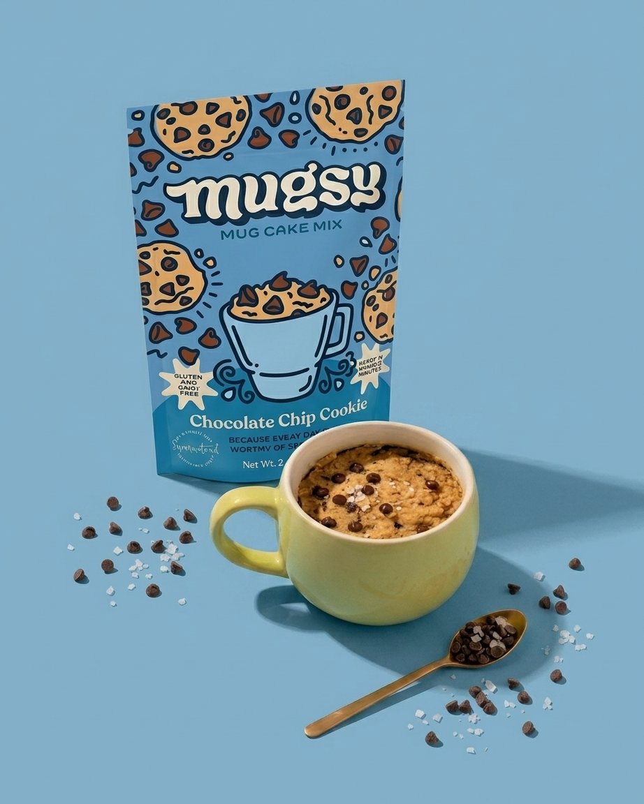 Mugsy chocolate chip cookie mug cake mix with a yellow mug of baked cookie on a blue background